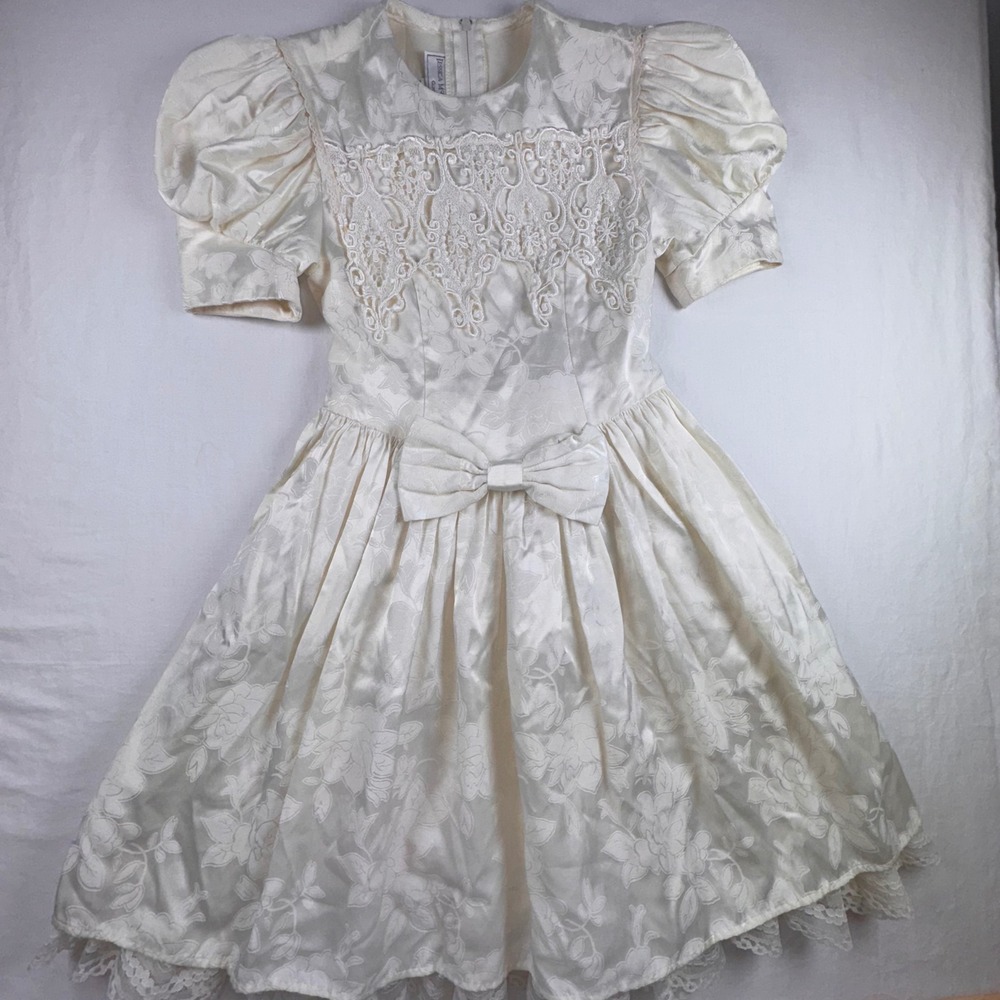 Jessica McClintock Dress Girls 7 Ivory Jacquard Lace Bow Vintage Gunne Sax